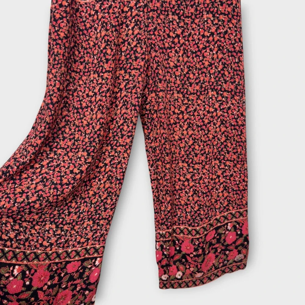 Free People Jumpsuit XS Red Black Floral‎ Wide Leg Cropped Keyhole Back Boho